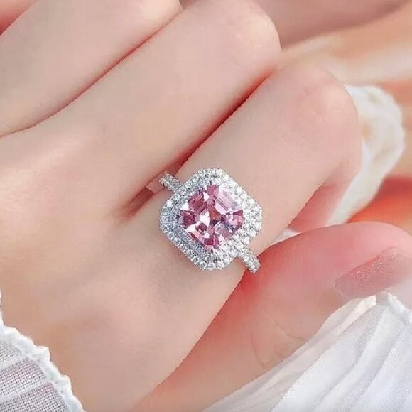 Jewelry - NEW 925 Sterling Silver Pink Diamond Ring Cushion Cut Halo Ring